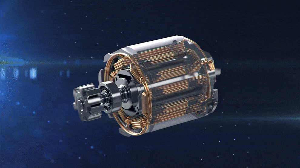 一个透明的电机，背景为黑色，带有铜线。