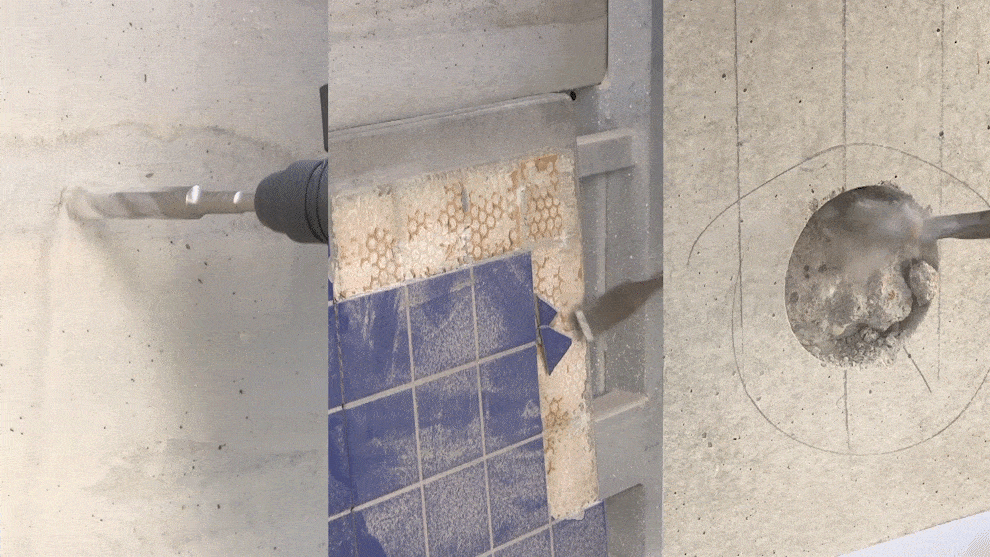 博世专业钻头穿透混凝土和瓷砖，灰尘飞扬。