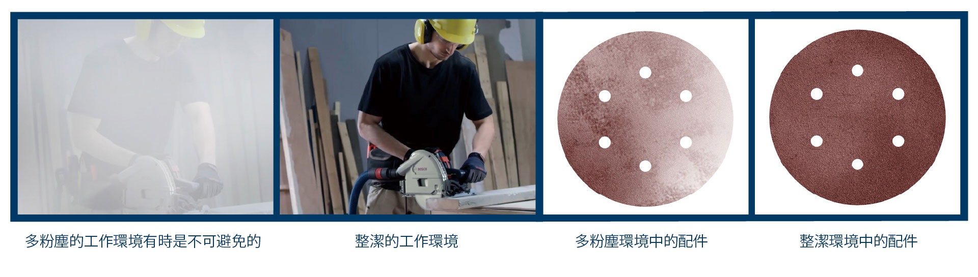 博世专业工具在车间，木材和灰尘可见。