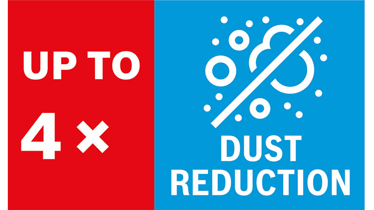 红色和蓝色的标志，带有文本和减少灰尘的符号。