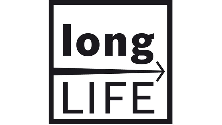 带有文本 'long LIFE' 的标志，黑色在白色上，箭头指向右侧。
