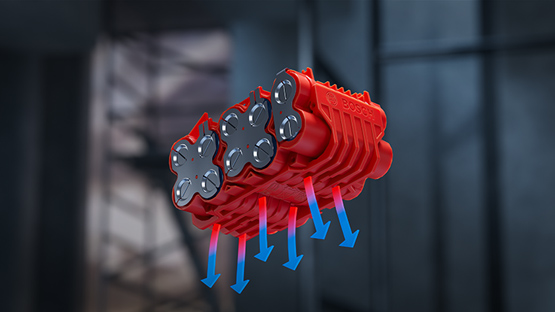 红色博世专业工具悬浮着，配有六个黑色电池单元。
