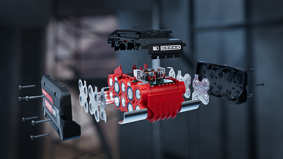 一个红色的博世专业电机模型，拆解后零件排列。