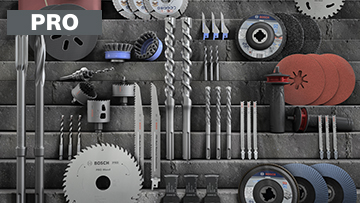 不同的博世专业工具在灰色墙上。